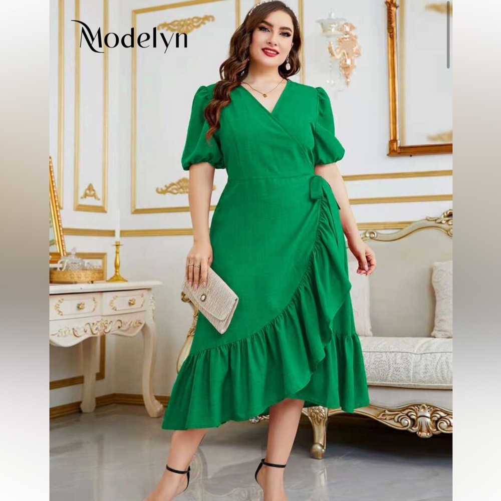 Plus Puff Sleeve Ruffle
Trim Tie Side Wrap Dress